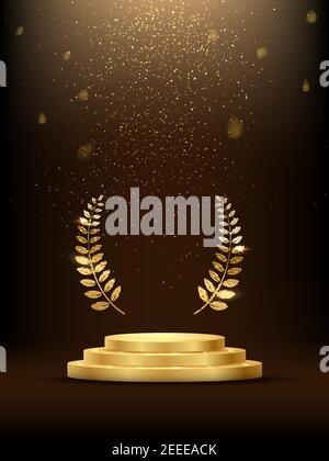Golden three step podium with laurel wreath under falling gold glitter isolated on dark background. Vector illustration Stock Vector