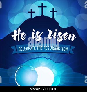 Easter Sunday, He is risen. Greetings, invite vector card. Calvary sunrise with three crosses, open lighting empty cave and stone. Religious symbol. I Stock Vector