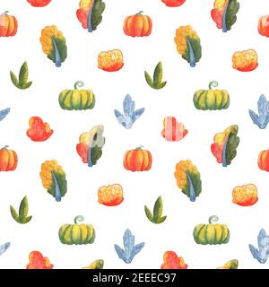 Autumn garden seamless pattern on white background. Pumpkin watercolor illustration. Orange tree, bush and vegetable. Fall seasonal wrapping paper swa Stock Photo
