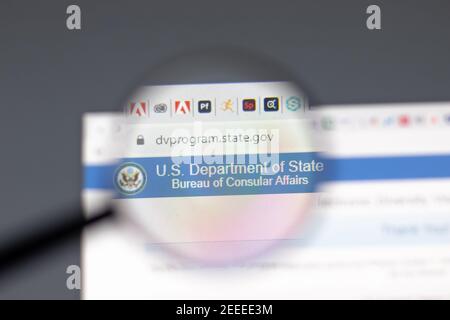 New York, USA - 15 February 2021: US Department of State Bureau of Consular Affairs website in browser with company logo, Illustrative Editorial Stock Photo