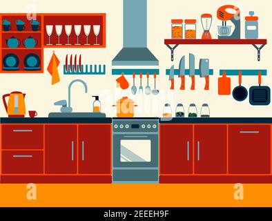 colorful kitchen flat style with lot of details red orange blue Stock Vector