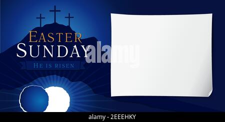 Happy Easter Sunday holy week banner. Horizontal banner with white sheet of paper and Bible scene of Jesus resurrection. Isolated abstract graphic des Stock Vector