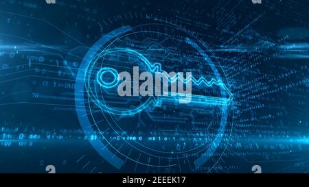 Digital encryption concept with cyber key symbol, secret, privacy, computer security and data safety icon. Futuristic abstract 3d rendering illustrati Stock Photo