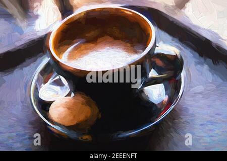 Cappuccino coffee in black cup, digital illustration. Morning coffee mug with cookie. Cafe oil painting print. Cappuccino closeup with milky foam. Cof Stock Photo
