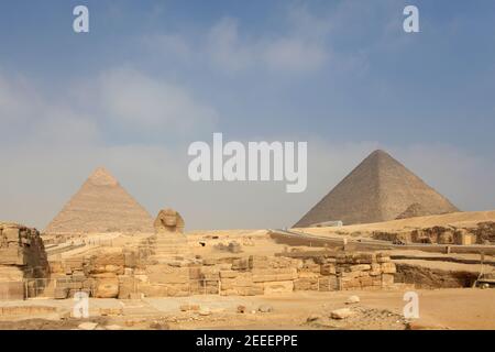 The Great Sphinx of Giza against the Pyramid of Khafre, Egypt Stock Photo