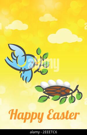 Happy Easter vector card. Holy week greetings. Flying animated mother bird and eggs in nest. Spring holiday. Motherhood, family and charity symbol. Mo Stock Vector