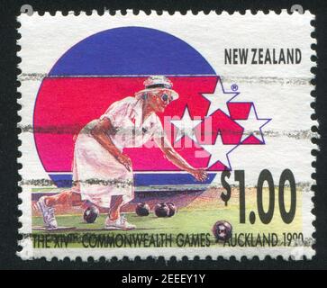 NEW ZEALAND - CIRCA 1989: stamp printed by New Zealand, shows Lawn Bowling at 14th Commonweath Games in Auckland in 1990, circa 1989 Stock Photo