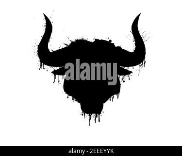 Black silhouette of a bull head with horns with paint splashes, splatters and blots isolated on a white background. Stock Photo