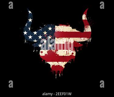 Silhouette of a bull's head in the colors of the American flag with splashes of paint, flowing blood isolated on a black. American flag silhouette in Stock Photo