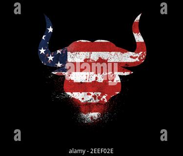 Silhouette of a bull's head in the colors of the American flag with splashes of paint, flowing blood isolated on a black. American flag silhouette in Stock Photo