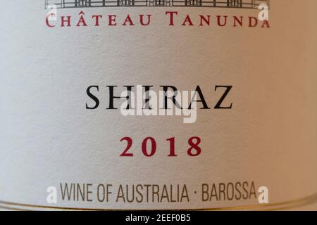 Chateau Tanunda Shiraz 2018 Australian wine bottle label closeup Stock Photo