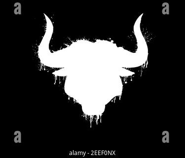 White silhouette of a bull head with horns with paint splashes, splatters and blots isolated on a black background. Stock Photo