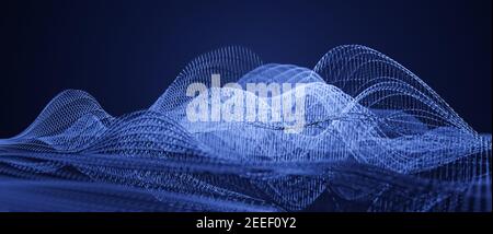 Fragile 3D wireframe structure, modern abstract virtual grid background, audio soundwaves, sound wave visualization, glowing colours, blue Stock Photo