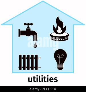 Utilities, bill payment. Vector house with gas, electricity, water, heating icons. Concept, payment for utilities. Flat illustration, isolated object. Stock Vector