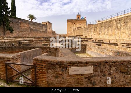 Granada, Spain - 5 February, 2021: view of the Alcazaba fortress and the Barrio Castrense in the Alhambra palace compelx in Granada Stock Photo