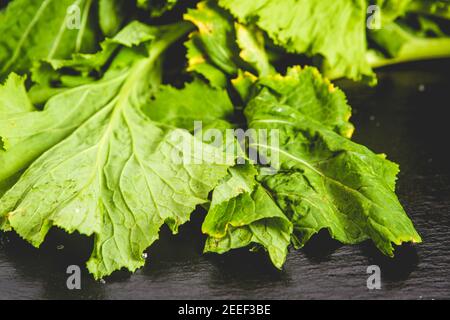 turnip greens leaves on reflective black slate Stock Photo
