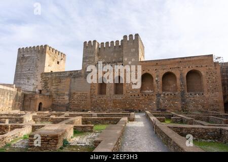 Granada, Spain - 5 February, 2021: view of the Alcazaba fortress and the Barrio Castrense in the Alhambra palace compelx in Granada Stock Photo