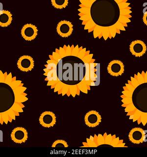 Summer colorful seamless pattern with orange sunflowers on dark background. Cartoon style. Design for fabric, textile, posters, card, paper. Beauty Stock Vector