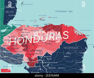 Honduras country detailed editable map with regions cities and towns, roads and railways, geographic sites. Vector EPS-10 file Stock Vector