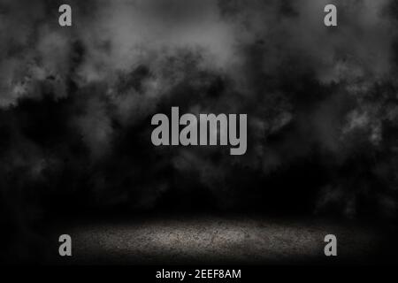 Darkroom cement, concrete floor with smoke. black wall cement for product show with Elegant light background and texture. Abstract studio black room Stock Photo