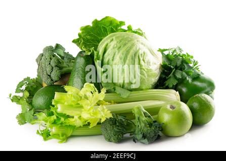 green fruits and vegetables on white background Stock Photo