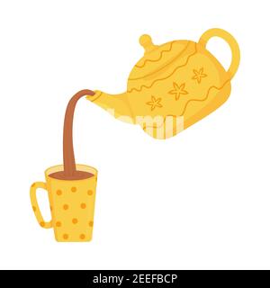 Pouring tea from red polka dots teapot into a cup. Liquid droplets scatter from splash.Object isolated. Vector image Stock Vector