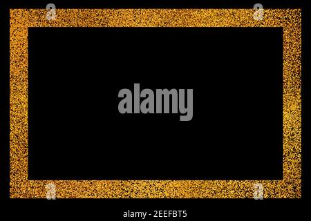 Decorative golden frame on black background. Luxury squared border with glitter effect. Gold vintage illustration. Creative design template. Abstract Stock Vector