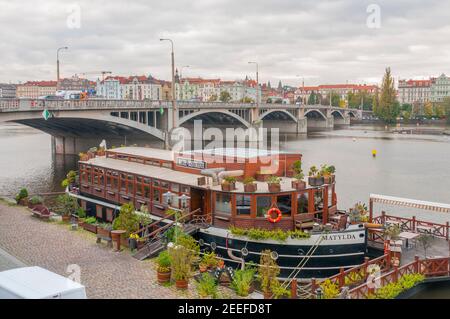 Prague, Czech Republic - October 22, 2014 - The floating hotel and restaurant 'Botel Matylda' on the Vlatva river in Prague downtown Stock Photo