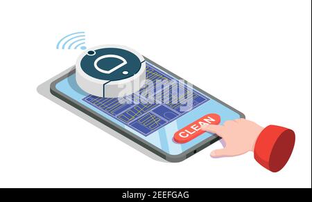 Isometric robot vacuum cleaner on mobile phone screen, flat vector illustration. Smartphone control home appliance. Stock Vector