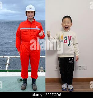 (210216) -- BEIJING, Feb. 16, 2021 (Xinhua) -- Combo photo shows Shi Jihui making a hand heart gesture on the Kantan No. 3 offshore oil platform in the northern waters of the South China Sea, Feb. 10, 2021 (L), and his son making the same gesture at their home in Shanghai, east China, Feb. 11, 2021.At present, the platform is drilling offshore oil and gas resources in the northern South China Sea. During the Spring Festival this year, Shi Jihui, the manager of the platform, stuck to his post on the platform and was unable to reunite with his wife and child in Shanghai. This is also the eighth