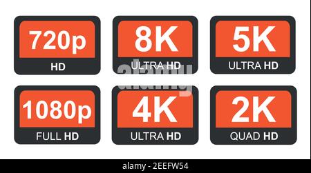 Red 8K, 4K, 5k Ultra HD Video Resolution Icon Logo High Definition TV Game Screen monitor Stock Vector