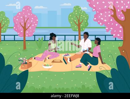 African american friend group on picnic flat color vector illustration Stock Vector