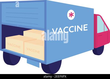 Vaccine packages in delivery truck flat color vector object Stock Vector