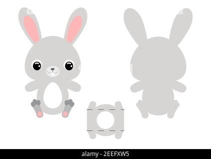 DIY cute rabbit chocolate egg holder template. Retail paper box for the easter egg. Printable color scheme. Laser cutting vector template. Stock Vector