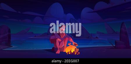 Alone castaway man on uninhabited island with bonfire at night. Vector cartoon illustration of desert sea beach with stones, fire and lost person. Survivor after shipwreck character Stock Vector