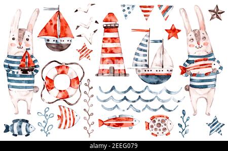 Nautical vector Watercolor baby rabbit sailor, animal cartoon nursery seaman set. Cute childish character collection Stock Vector