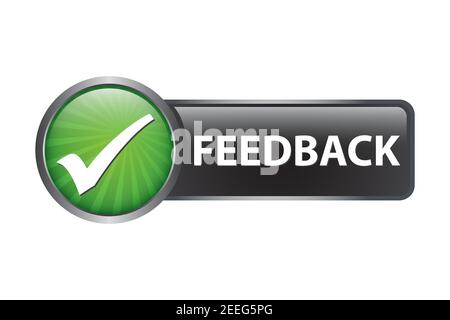 Glossy Feedback vector label button with check mark icon Stock Vector
