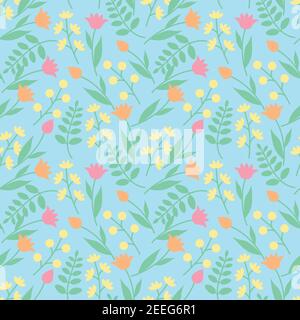 Floral seamless pattern with flowers, tulips and fern leaves. Vector illustration EPS10. Stock Vector
