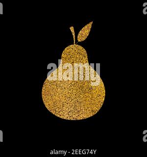 Gold pear with glitter effect. Cute isolated fruit on black background. Food concept. Glowing gold banner. Autumn illustration. Template design for Stock Vector