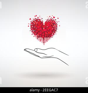 open palm icon with red heart on light background Stock Vector