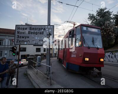 BELGRADE, SERBIA - JUNE 16, 2018: belgrade tram, a tatra KT4, from the line linija 11 passing by Kalemegdan. Also called beogradski tramvaji, it's a t Stock Photo