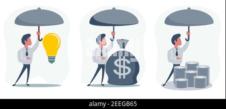 Man holding umbrella under rain to protect money. money protection, financial savings concpet. Illustration in flat style Stock Vector