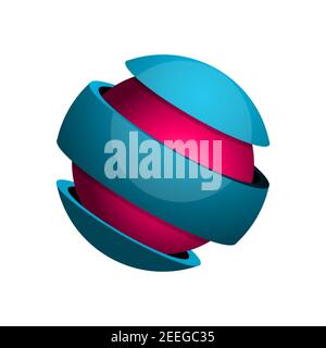 Sphere divided into 3 slices with core. Wrapped sphere. Ball divided to three parts. 3D spherical circle. Symbol for globe, earth, planet. Shiny logo Stock Vector