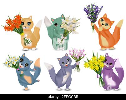 Cat holding bouquets for women. Summer Fresh Flowers bouquets with cat. Lavender, chamomile, jasmine, Spring flower. Vector illustration Stock Vector
