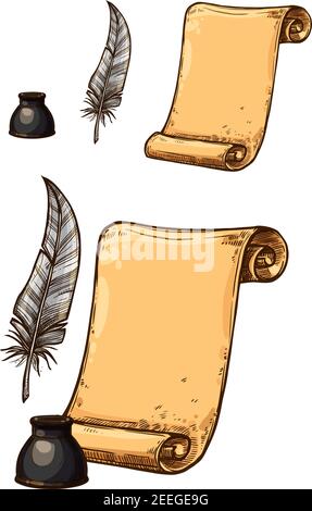 Old paper sheet roll and ink feather quill pen. Retro or antique book writing stationery of inkwell bottle and brown rough manuscript for letter or po Stock Vector
