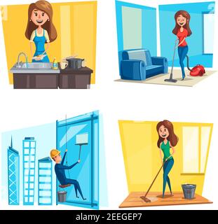 Home cleaning and homework concept vector flat design. Man cleaning windows on skyscraper building, woman washing dishes at kitchen sink or cleansing Stock Vector