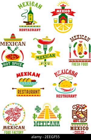 Mexican restaurant or fast food bar icons set. Vector isolated symbols of sombrero and agave cactus, tequila bottle and burrito or nachos in salsa sau Stock Vector