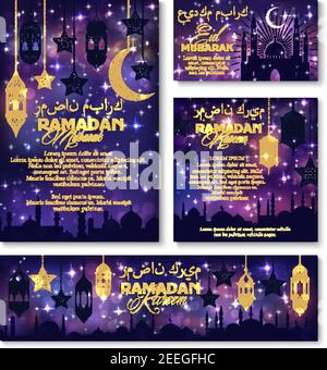 Ramadan Kareem Islamic religious holiday and Eid Mubarak festival celebration greeting poster, banner or card templates. Vector traditional Arabian de Stock Vector
