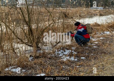 Photographer on the shore, Tench holes in the morning light in winter cold. Shore of Lake Constance with reeds, bushes and trees. Schleienlöcher, Hard Stock Photo