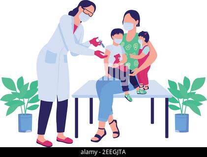 Doctor vaccinating children flat color vector faceless characters Stock Vector